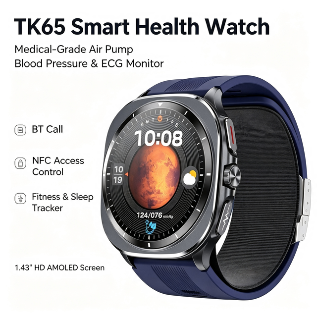TK65 Elderly Smart Watch 2026 Health Monitoring Air Pump 1.43Inch AMOLED Android OS Blood Pressure Sleep Monitoring SOS IP67