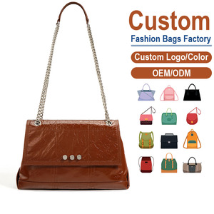 Genuine Full-Grain Leather Flap <b>Bag</b> Distressed Waxed Craquelure Finish, 3 Decorative Silver <b>Studs</b> Chain-and-Leather Strap - Product Image 1