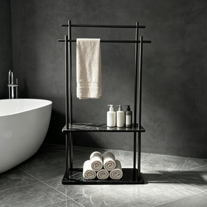 Porte-serviettes en or brossé avec étagère en marbre pour rangement et organisation dans la salle de bain - Product Image 4