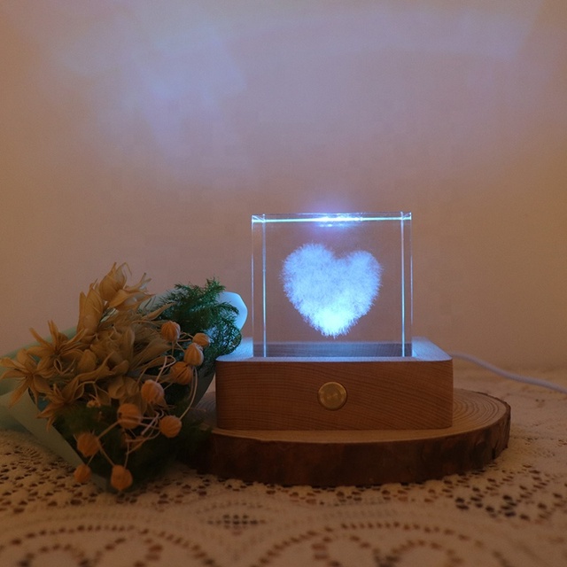 Heart Shape Colorful RGB Mood Lamp 3D Crystal Night Light Shabili Wooden LED Gift Lamp for Home Decor