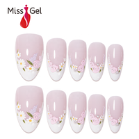 Miss Gel 32 pièces Faux ongles à presser Rose laiteux, forme Amande moyenne, style French, motifs Rose, Marguerite, Lavande, Perle, pour manucure de fête, Vente en gros