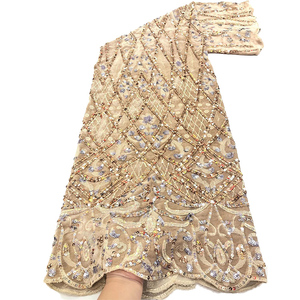 Tela de encaje de guipur nigeriano con lentejuelas Multicolor, tejido de terciopelo bordado a mano - Product Image 1