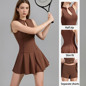 Gaun Tenis Wanita Terbaru Model Half Zip Slim Fit dengan Celana Pendek Terpisah, Kantong Samping, Cepat Kering, Cocok untuk Fitness, Outdoor, Pickleball, dan Tenis - Product Image 2