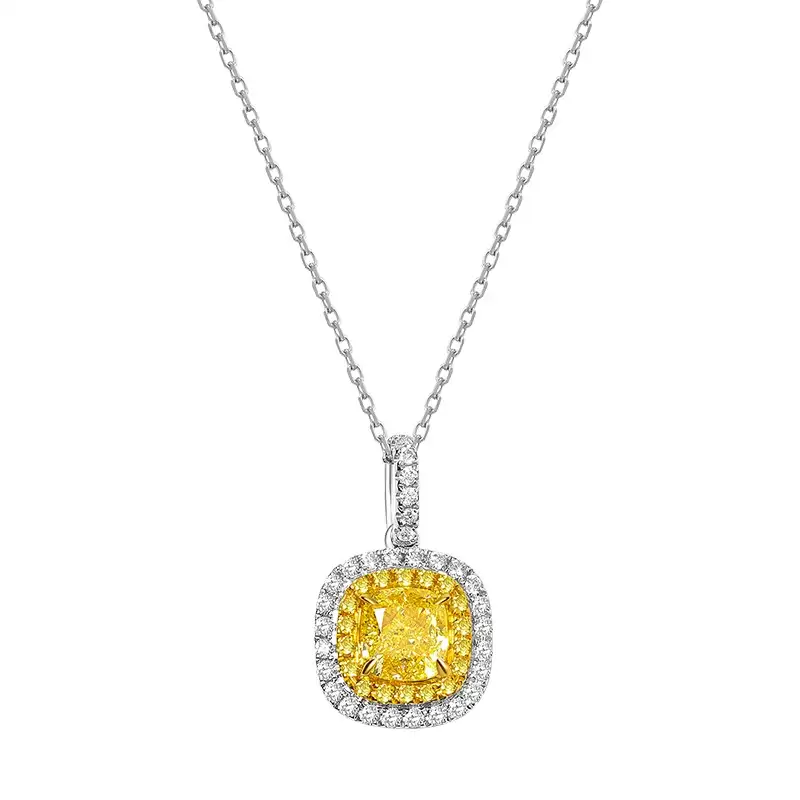 Custom Design 1Carat Fancy Yellow Cushion Diamond Two Tone 18Karat Gold Necklace Jewelry