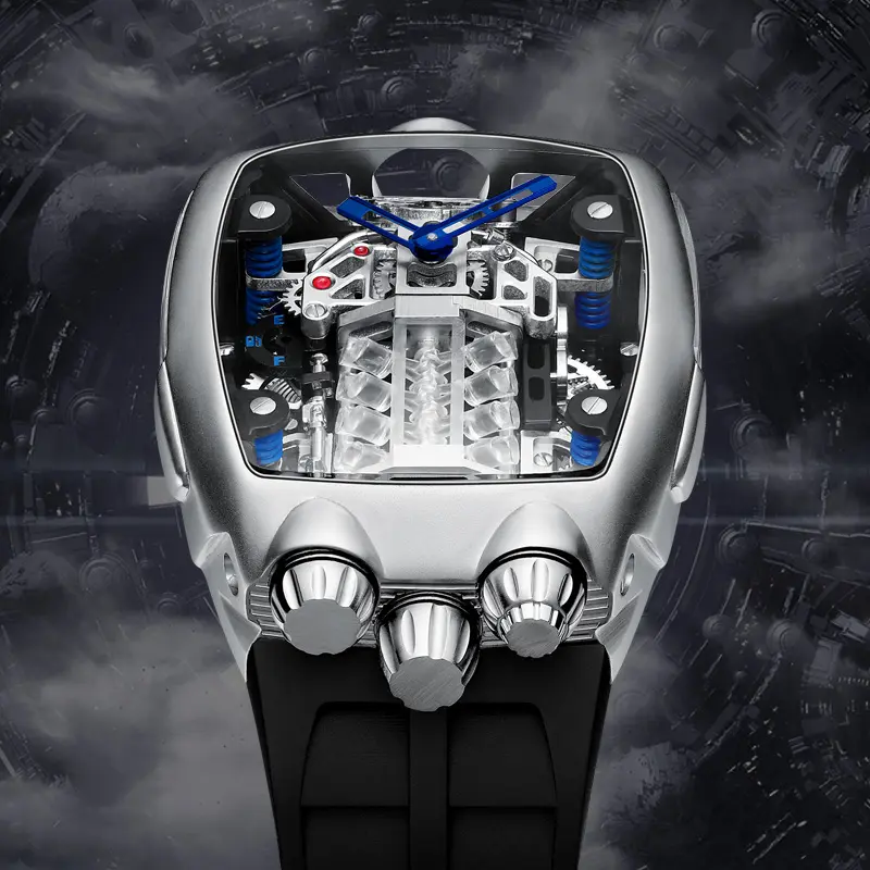 Pindu Herren Luxus Mode Motor Design Stahl Silikon armband Automatische mechanische Uhr