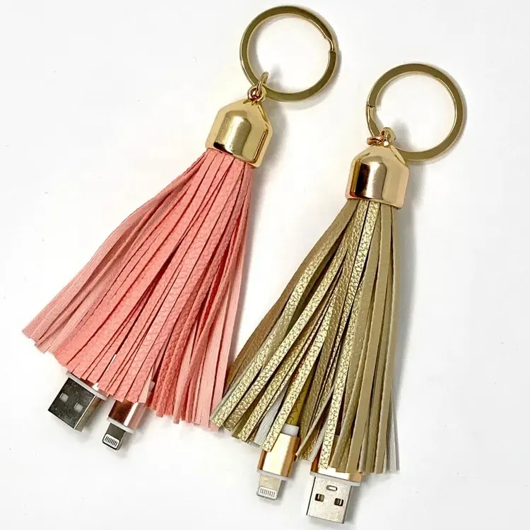 New Design Fashion Portable Mini USB Data Charging Cable Keychain Pendant PU Leather Tassel Charging