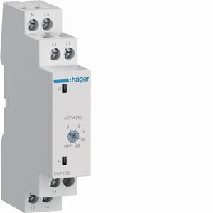 Relè di monitoraggio tensione trifase Hager Eup100 con 1 contatto di commutazione, montaggio su guida DIN - Product Image 1