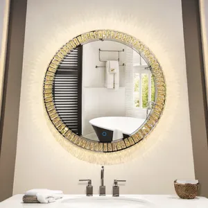 Espejo de tocador montado en la pared con luces de tres colores, espejo de cristal de diamante con luces