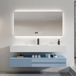 Otel katı ahşap banyo dolabı açılan kaya taş yüzen Vanity Modern çift lavabo mavi ve beyaz banyo Vanity