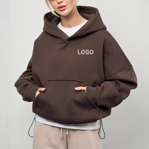 Sudadera informal con <span class=keywords><strong>capucha</strong></span> <span class=keywords><strong>de</strong></span> color sólido para mujer Sudadera corta con dobladillo con cordón <span class=keywords><strong>de</strong></span> gran tamaño con bolsillo - Product Image 1