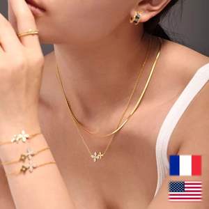 Conjunto de Collar con Colgante de Joyería de Moda, Personalizado, con Flor de la Suerte, Chapado en Oro, Acero Inoxidable 316L, Sin Deslustre, con Circonita, Unisex - Product Image 1