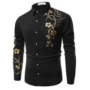 Vestidos de manga larga para hombre, ropa informal con logotipo personalizado, camisas de vestir estampadas de oficina para hombre, imagen de tela de punto teñida lisa - Product Image 1