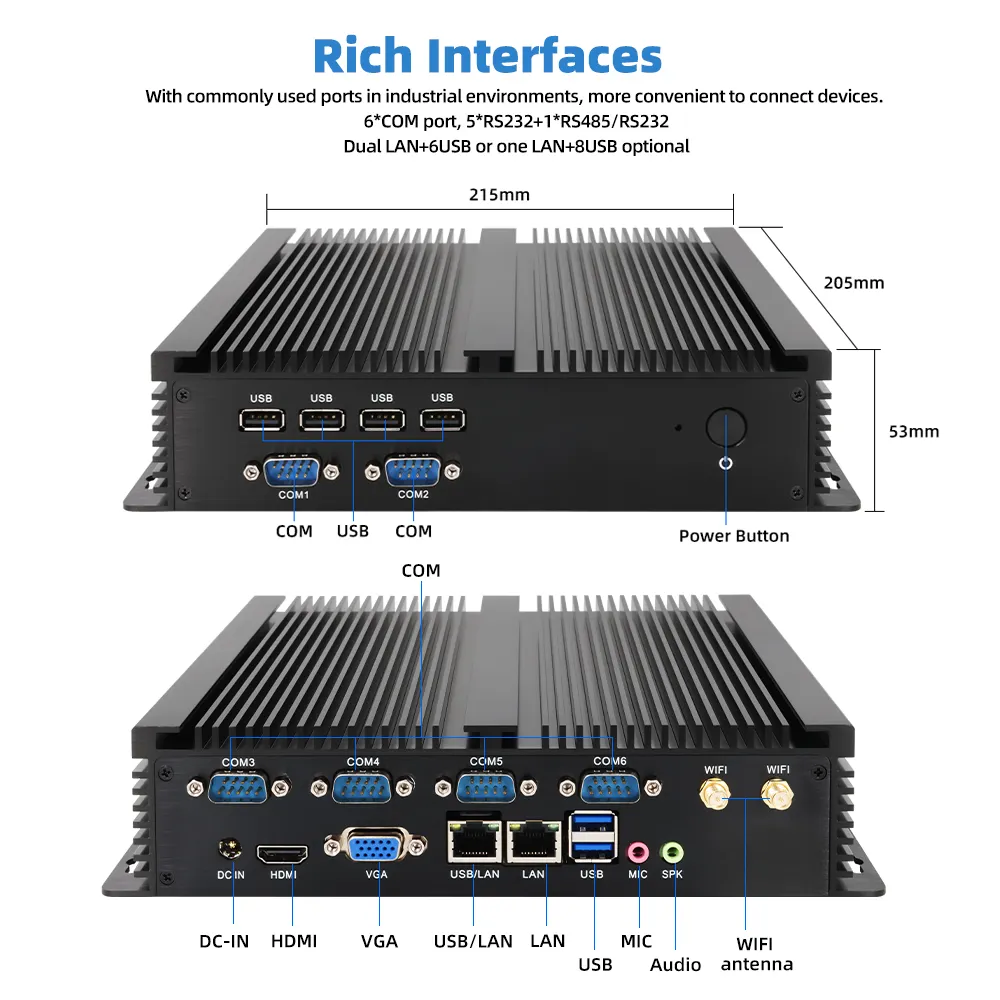 Fanless industrial tertanam komputer Core i5 Mini PC 2 LAN NIC RS232 RS485 COM Fanless Industrial Mini PC dengan Slot kartu Sim