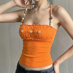 Y2K เสื้อครอปสายเดี่ยวประดับลูกปัดผู้หญิงปิดไหล่รูชด์ รัฟเฟิล ทริม สลิมฟิตเสื้อสายเดี่ยวสีสันสดใสสำหรับวันหยุดฤดูร้อน - Product Image 4