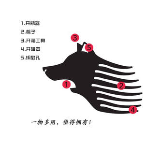 Porte-clés tête de loup en acier inoxydable, ouvre-bouteille multifonction, peigne de poche, outil couleur argent - Product Image 3