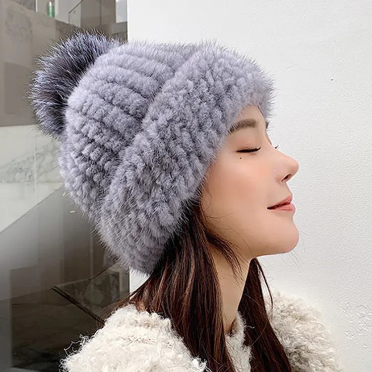 Topi Beanie Rajut Bulu Cerpelai Hangat Mode Musim Dingin Topi Pompom Bulu Asli Wanita