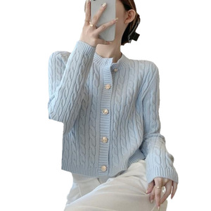 Milk Blue Cable Knit Round Neck Cardigan One Size Solid Color Soft Cozy Women's Sweater Autumn Fresh Sweet Style - Product Image 5