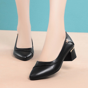 Factory Wholesale Black <b>Leather</b> <b>Pumps</b> - Gem Decor Pointed Toe Block Heel Office Daily Women's Shoes - Product Image 4
