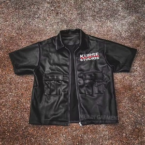 เสื้อยืดแขนสั้นหนัง PU ปักลายแบบดิสเทรสคุณภาพสูง สไตล์ฮิปฮอป สำหรับผู้ชาย - Product Image 5