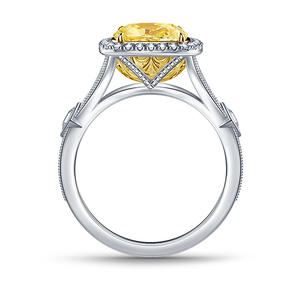 Anello di Fidanzamento da Donna F504 con Diamante Giallo Taglio Cuscino e Diamanti Bianchi Naturali Colore D, Fascia in Oro Bianco 14K - Product Image 3