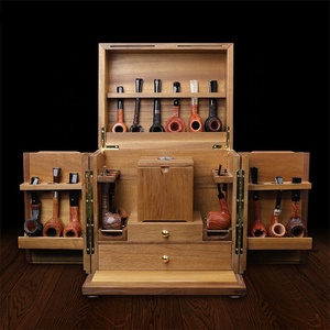 Premium Black Walnut Tobacco Pipe Cabinet 18 Seats Smoking Pipes Holder With Humidors And Drawer