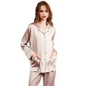 Wholesale long sleeve 2 piece silk pajamas sets casual wear solid color woman pajamas set