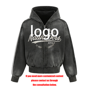 Sweat à capuche zippé style Hip Hop délavé, impression DTG Kornit personnalisée, vêtement <span class=keywords><strong>patchwork</strong></span>, sweat à capuche oversize pour homme - Product Image 2