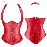 Steampunk Corset en cuir pour femme en forme de W Velours Halterneck Strap Rouge Noir Boucle Dentelle Plus Size Firm Underbust Corset
