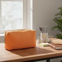 Vente en gros pochette de maquillage de voyage en tissu côtelé de luxe petit sac à crayons carré léger fermeture éclair cosmétique à la mode