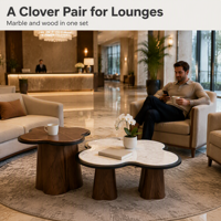 Ensemble table basse et table d'appoint Cloverleaf en noyer et marbre blanc avec cadre noir et pieds sur piédestal pour salon, salle de séjour, hôtel