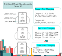 Chargeur rapide GAN PD3.1 65W avec 2 ports USB + 1 port Type-C (ignifuge) Protection contre les surcharges écologique Utilisation à domicile/en voyage