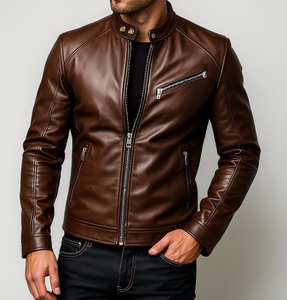 Chaqueta de Motociclista de Cuero Marrón para Hombre, Cuello Alto, Cierre de Cremallera, Estilo Biker - Product Image 1
