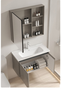 Meuble sous-vasque de salle de bain simple en blanc avec rangement, tiroirs et miroir - Product Image 5