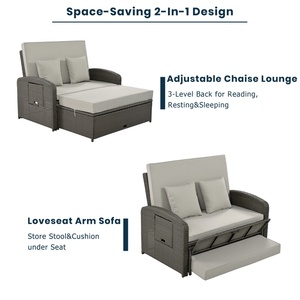 <span class=keywords><strong>Chaise</strong></span> longue double inclinable en rotin gris pour 2 personnes, dossier réglable, idéale pour le bord de piscine – Offre spéciale - Product Image 3