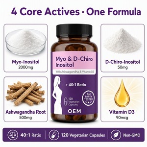 Myo-D-chiro Inositol 40:1แคปซูล <span class=keywords><strong>Ashwagandha</strong></span> วิตามิน D3สมดุลฮอร์โมนของผู้หญิง PCOS ความอุดมสมบูรณ์ของประจำเดือน120แคปซูลจำนวนมาก - Product Image 5