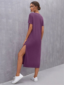 Woman Midi <strong>Dress</strong> High Quality Women Casual <strong>Dresses</strong> Solid Color Round Neck <strong>Maxi</strong> <strong>Dress</strong> With Slit - Product Image 6