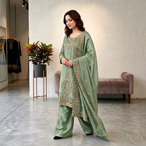 Ensemble de costume gujarati vert sauge avec chemise brodée or, palazzo et dupatta en soie Gmy à séchage rapide - Product Image 1