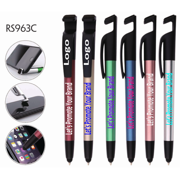 4 in 1 Multi-fuctional Custom Logo Pen Item Stylus Ball Ballpoint Pen with Mobile Phone Holder Stands and Screen Cleanners