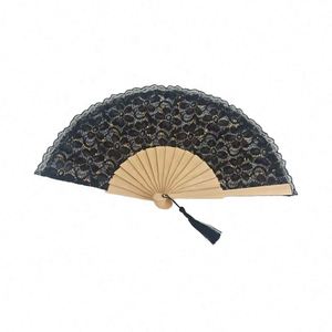 Éventail en bois écologique de 23 cm, en dentelle, peint à la main, idéal pour les activités promotionnelles romantiques de mariage et du Nouvel An - Vente en gros - Product Image 1