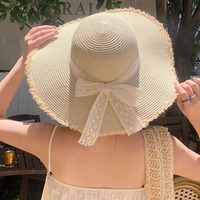 Sombrero de Protección Solar para Playa y Exteriores, Bordado a Mano, a Rayas, Ajustable, de Rafia, con Encaje, Elegante, Estilo Francés