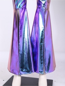 Womens Metallic Flare Pants High Waist V Notch Front Slit Bell Bottom <b>Disco</b> 70s Club Festival Party Holographic <b>Trousers</b> Custom - Product Image 4