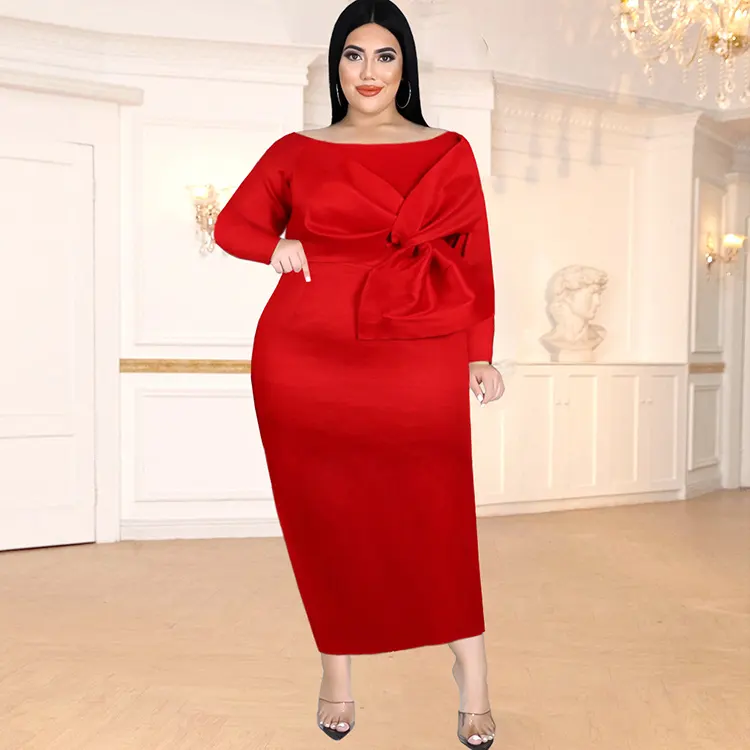 2022 donne Plus Size abbigliamento Performance Wear Dress Chic tutto rosso con fiocco manica lunga Maxi abiti
