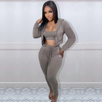 3 parça kırpma üst Jogger seti nedensel 2 parça fermuarlı kapüşonlu kıyafet Set bayan Loungewear güz özel kapüşonlu üstler ve ter pantolon seti