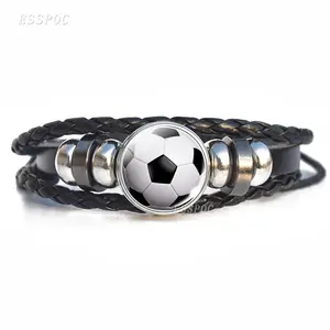 Adjustable Novelty Football Baseball Photo Sport World Bangle Men Jewelry Custom Woven Leather Bracelet