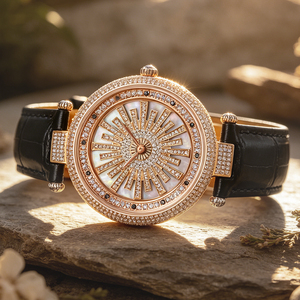 Montre pour femme avec cadran rotatif porte-bonheur, sertie de diamants, cristal saphir, 38 mm, bracelet en acier inoxydable et cuir - Product Image 3