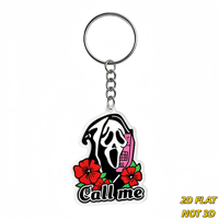 Call Me Ghost sleutelhanger schreeuwend masker met roze telefoon en rode bloemen acrylbedel voor sleutels, tassen, rugzakken