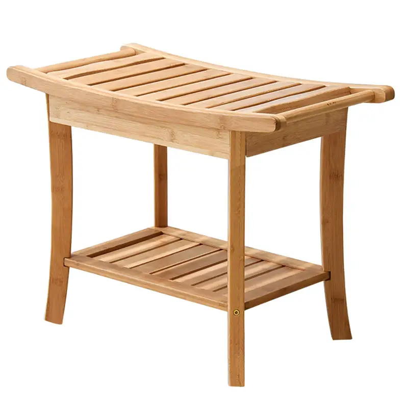 Shower Bench with 2-Tier Storage Shelf Bamboo Shower Bench Bath Stool Applicable to Bathroom or Living Room