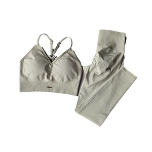 Set <span class=keywords><strong>Bra</strong></span> olahraga wanita, celana ketat pinggang tinggi Eropa Amerika dan tanpa jejak, cepat kering cetak Solid, Legging Yoga ukuran Plus - Product Image 5
