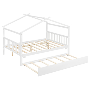 Letto a casetta per bambini in legno massello di alta qualità con letto estraibile e sponde di sicurezza, ideale per la cameretta dei bambini - Product Image 1