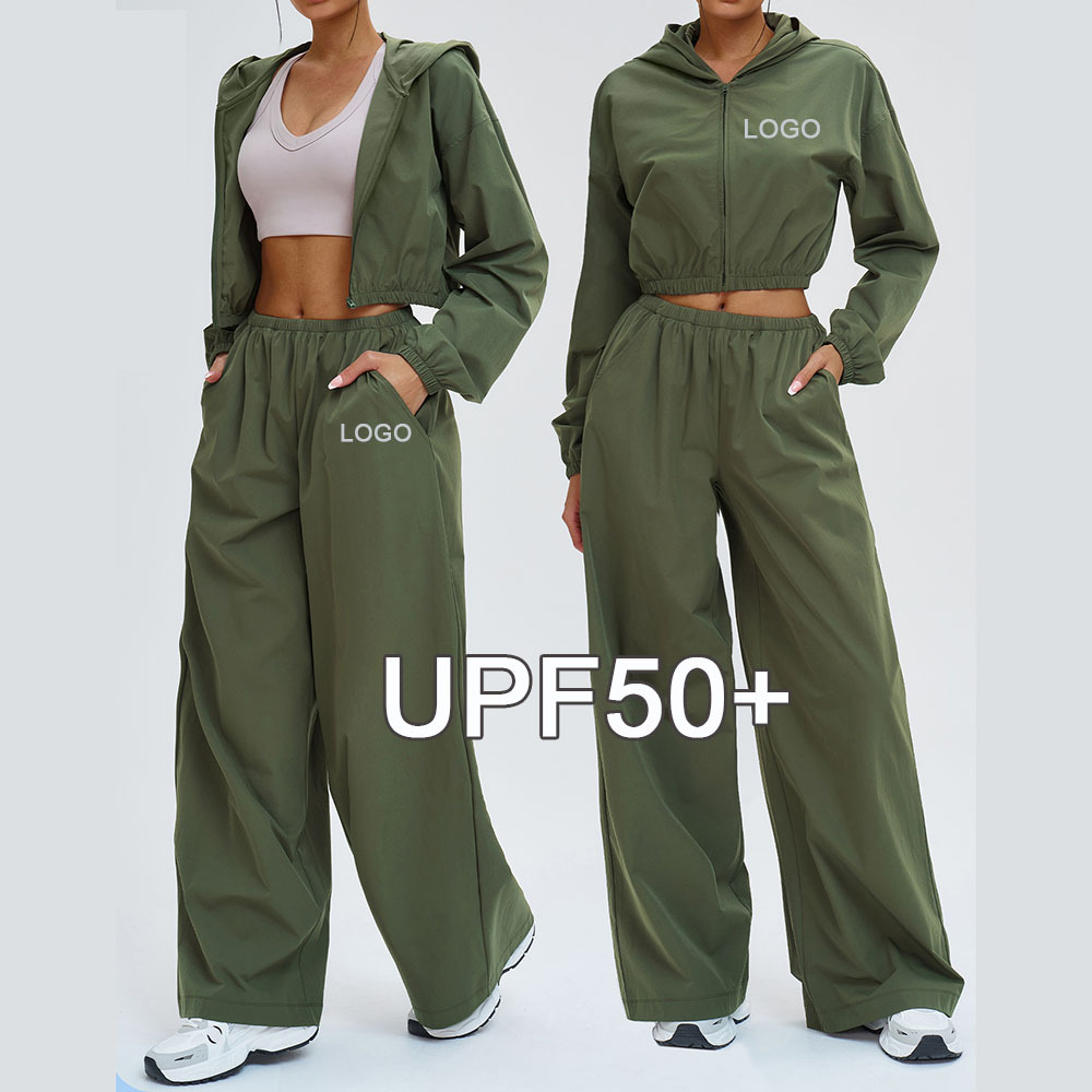 Female Solid Spandex/Nylon Full Length Patchwork Sports Sun Protection Windproof Hooded Leisure Suit Outdoor Riding Drawstring